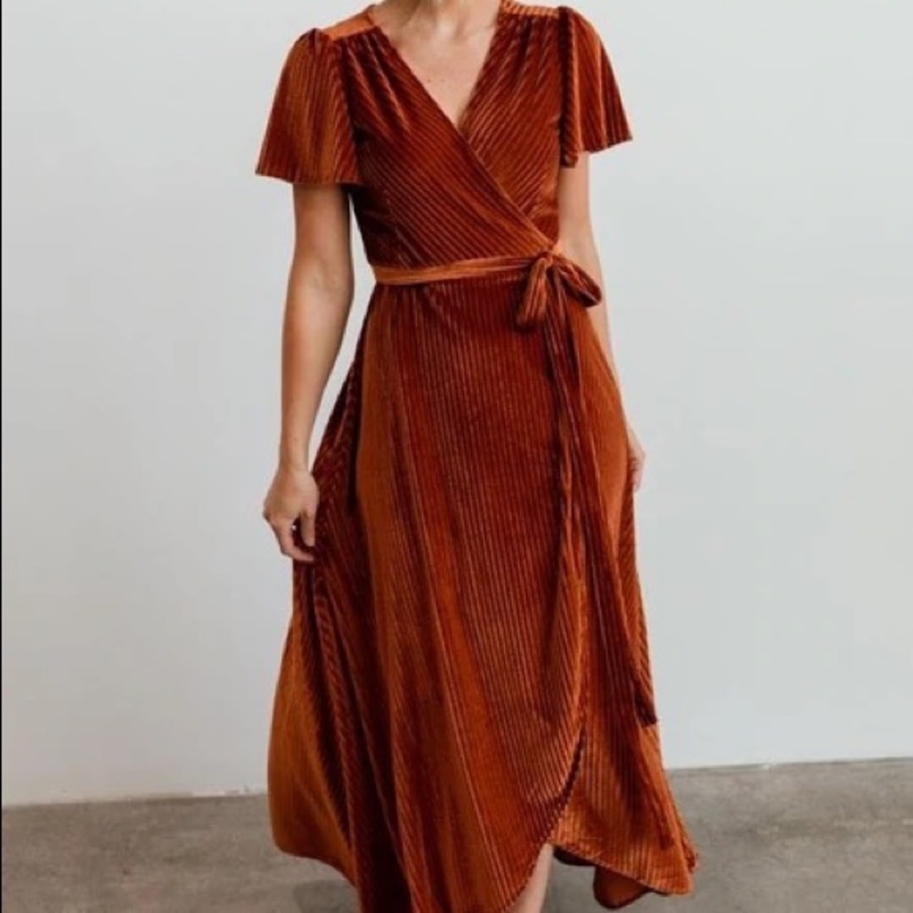 Baltic Born Andi Ribbed Velvet Wrap Dress- Copper